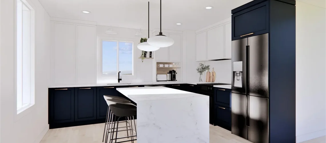 Cuisine moderne et tendance conçue par Roberge et Fils, avec des matériaux élégants et un design épuré.