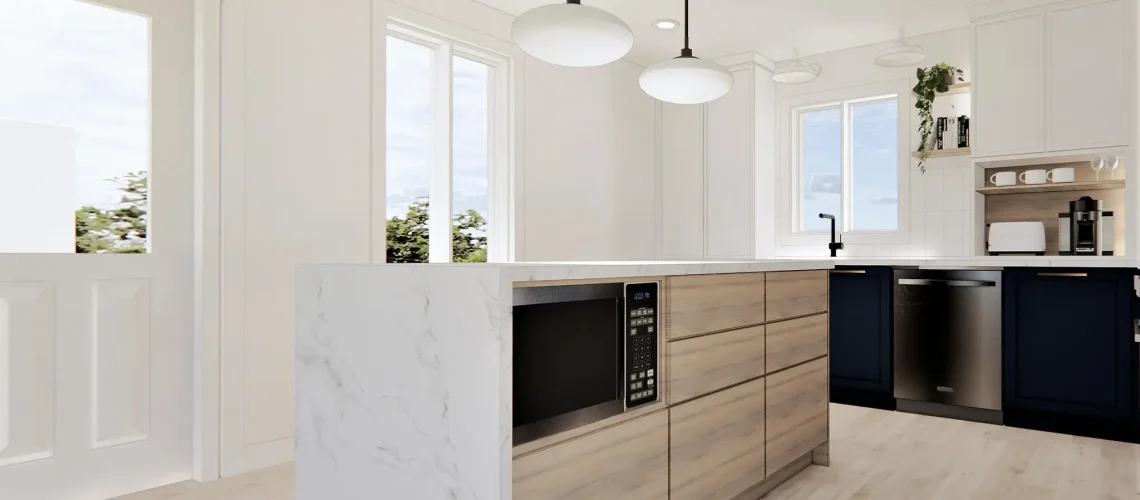 Design de cuisine par Samuel Germain, présentant un agencement moderne avec des matériaux élégants et un espace fonctionnel.