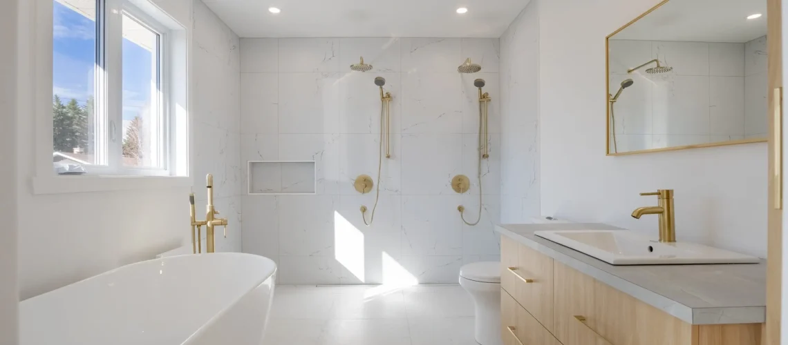 Salle de bain spacieuse rénovée avec des armoires de rangement pratiques et des matériaux de qualité.